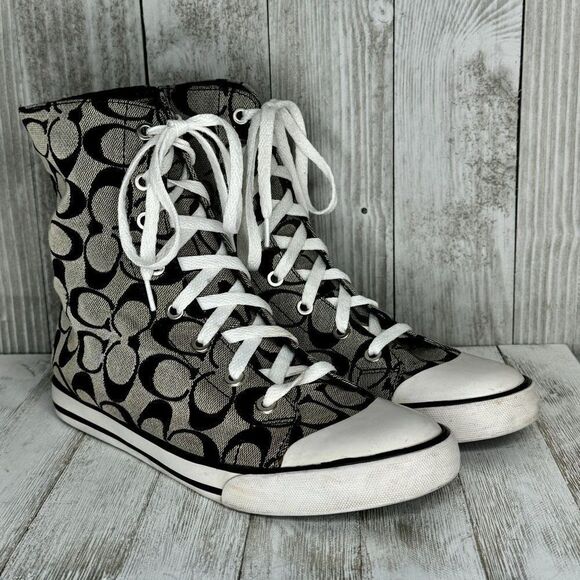 Coach Bonney Signature Plaid Lined Fold Down High Top Lace Up Sneakers Size 8.5 - Picture 1 of 10